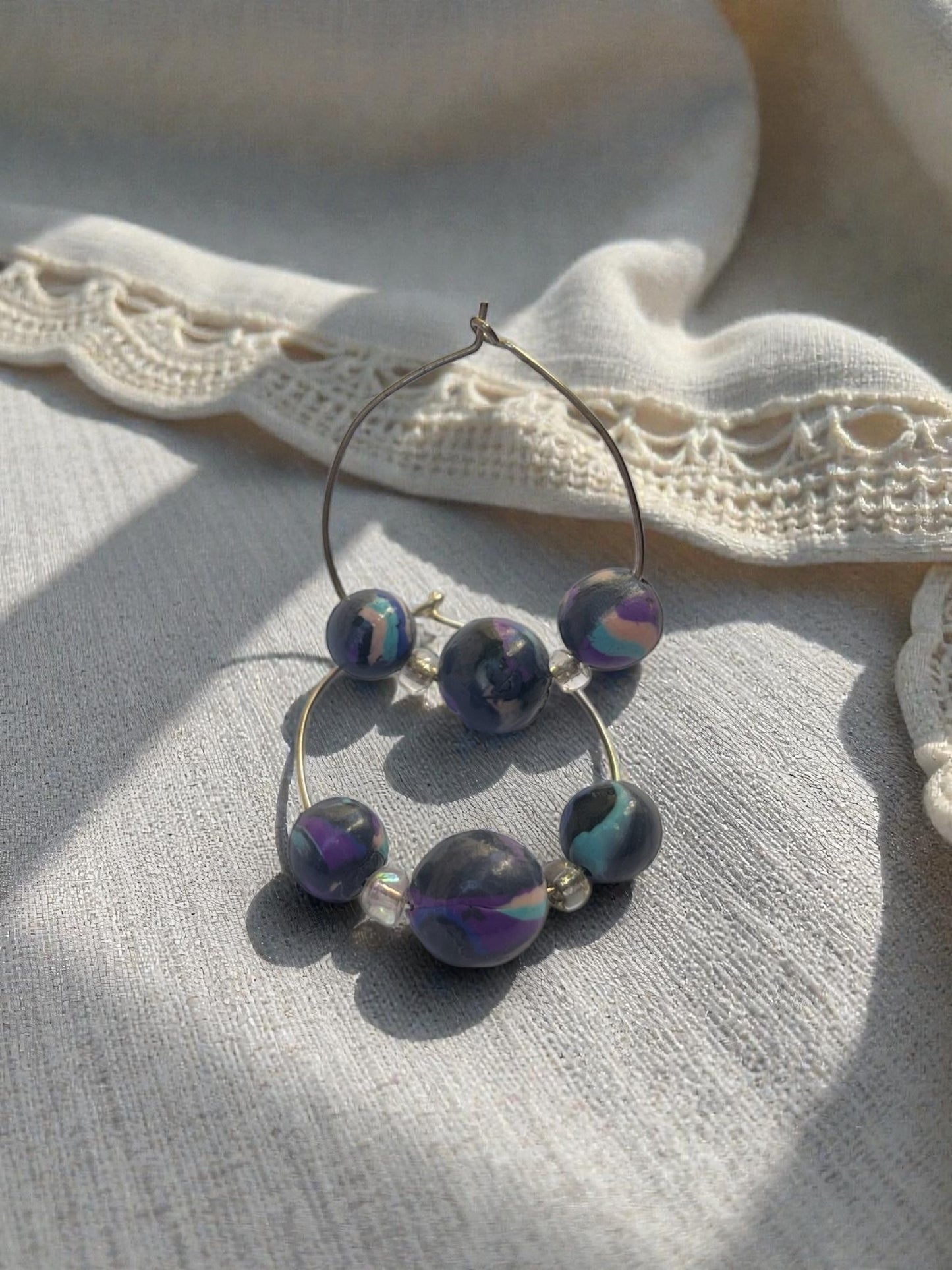 Galaxy Glow Hoop Earrings — Handmade Polymer Clay Bead Hoops