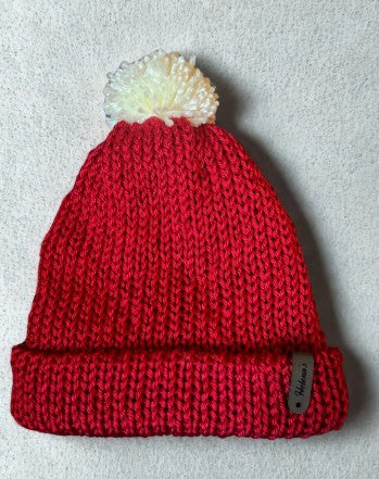 Harvest Red Hand-Knitted Pom Pom Beanie – Cozy Winter Classic