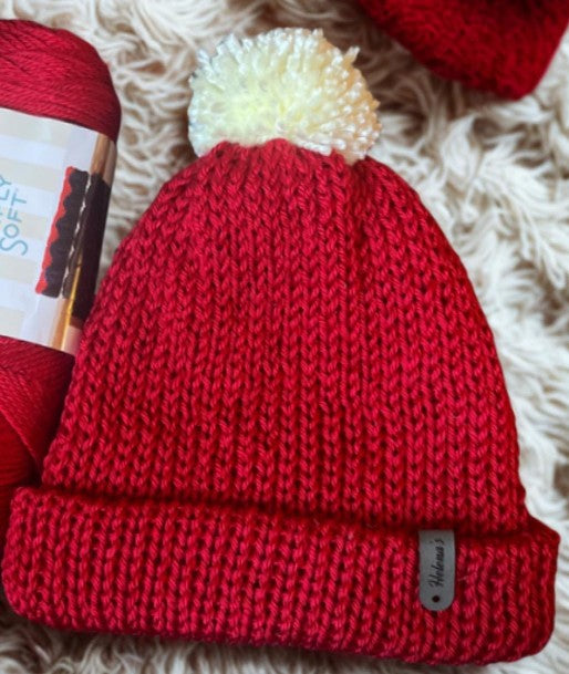 Harvest Red Hand-Knitted Pom Pom Beanie – Cozy Winter Classic