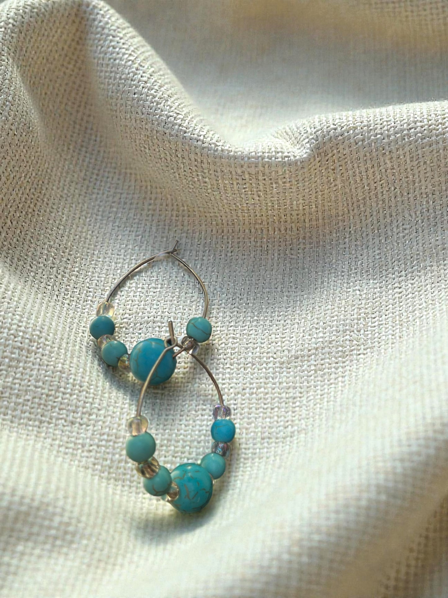 Turquoise Sky Silver Hoop Earrings — Handmade Polymer Clay Beads