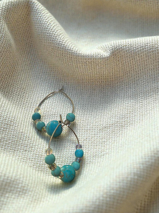 Turquoise Sky Silver Hoop Earrings — Handmade Polymer Clay Beads